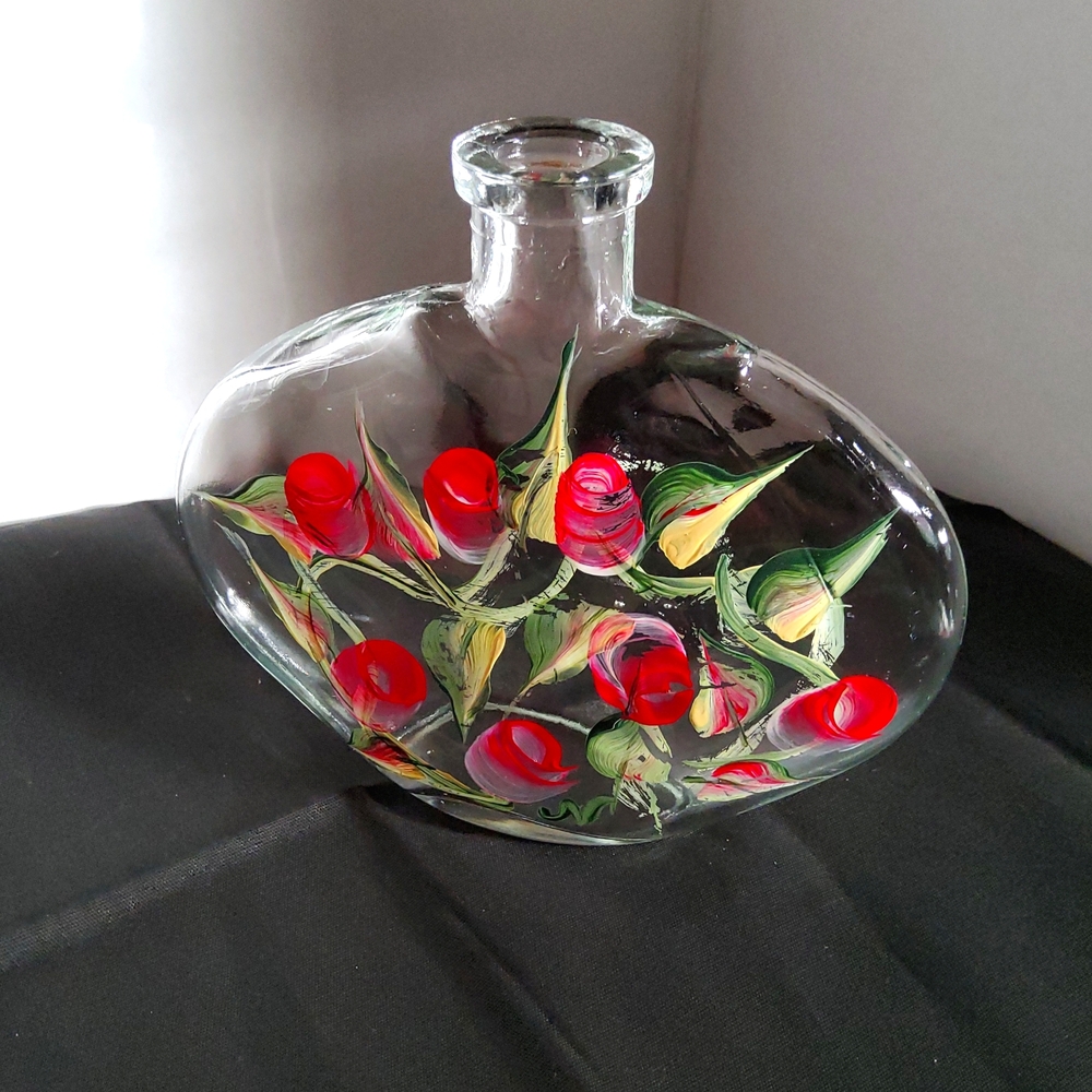 Hand-Painted Glass Vase with Floral Design